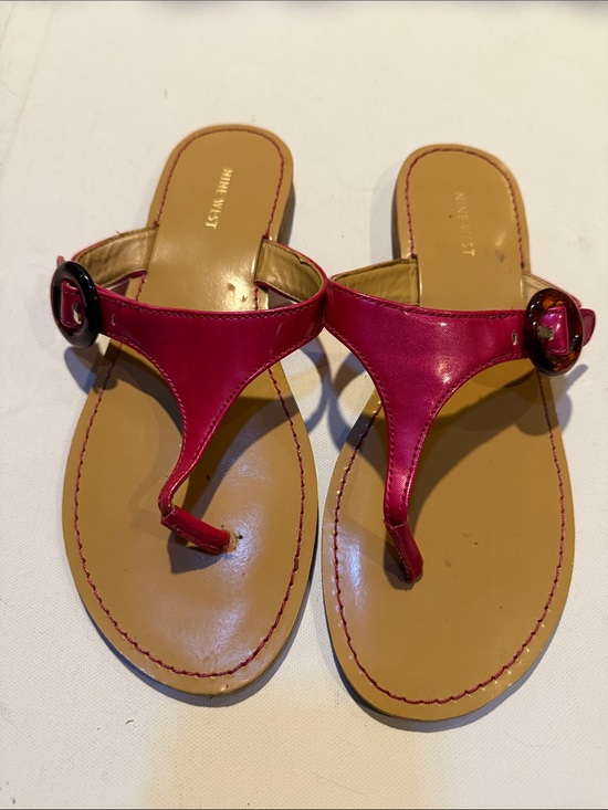 Nine West Shoes - Nine West Hot Pink Leather Thong Sandals with Buckle Accent